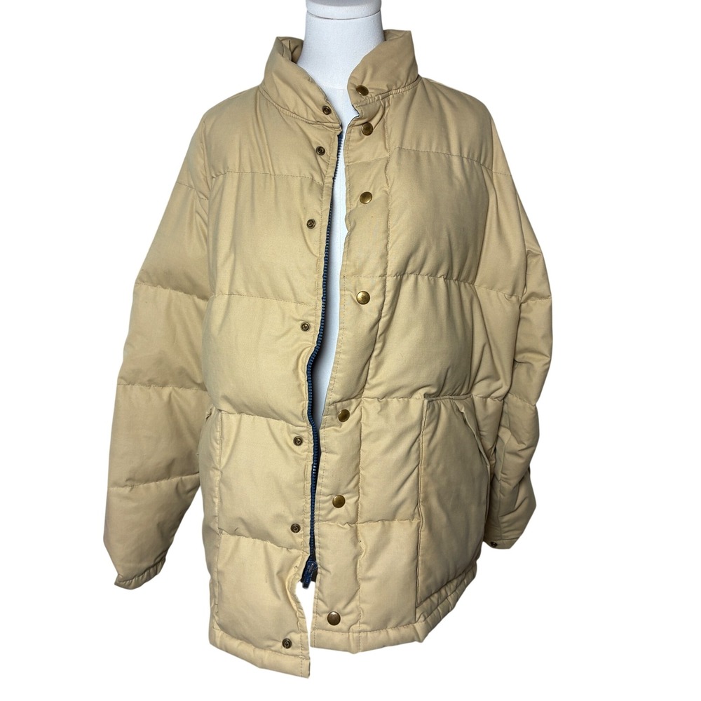 Weather Watcher Down Puffer Jacket Tan Blue USA Made Mens L Vintage 70s 80s